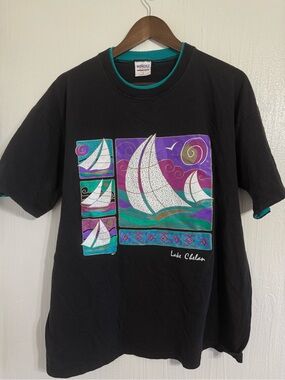 Vtg Mendez Sportswear Sail Boats Lake Chela Washington Size XL T Shirt Black